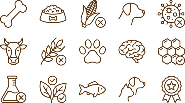 Pet food ingredients and dog nutrition line icon set with allergen free organic vector symbols.