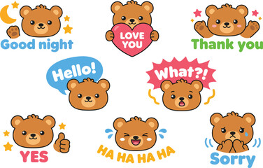 Fototapeta premium Cute cartoon bear face stickers with speech bubbles and expressions on a white background