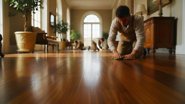 Professional cleaners polishing a luxury wooden floor. Men kneeling to buff hardwood surfaces in a grand hallway. Maintenance service concept for home improvement and property marketing.