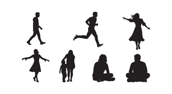 Set of miscellaneous people silhouettes walking running sitting and standing with child in different poses on white background.