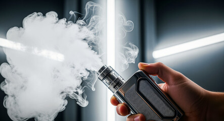 Obraz premium Hand holding metal vape device with thick white clouds. Modern electronic cigarette mod in neon studio. Tobacco alternative concept for lifestyle marketing.