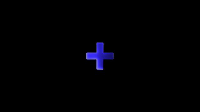 Glowing blue plus sign pulsing on black background, for digital interface, and ui symbol