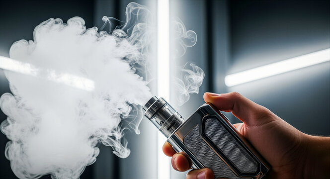 Hand holding metal vape device with thick white clouds. Modern electronic cigarette mod in neon studio. Tobacco alternative concept for lifestyle marketing.
