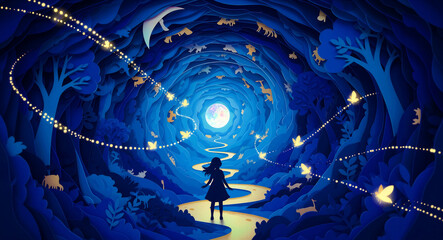 Obraz premium Girl silhouette on glowing path through paper-cut forest toward moon. Intricate blue 3D layers show whimsical animals and butterflies. Dreamy journey theme for book covers and creative design.