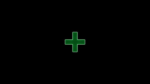 Glowing green plus sign animation on black background, for digital interface, symbol addition math