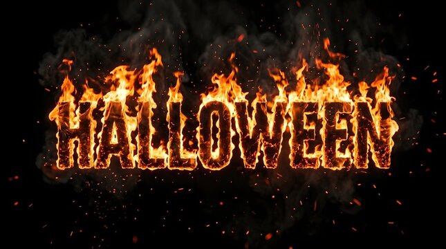 Halloween text written in burning fire flames on a black background