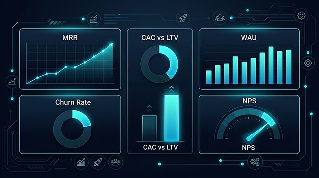 Business analytics dashboard with neon data visualization charts
