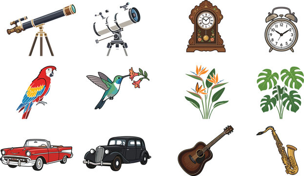 Vintage Retro Style Vector Illustration Set Featuring Telescopes, Antique Clocks, Macaw and Hummingbird Birds, Tropical Plants, Classic Automobiles, and Musical Instruments