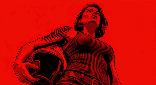 Strong woman holding helmet looking up in red graphic illustration. Heroic female character with fern tattoo in comic book art style. Empowerment and resilience concept for gaming and social media.
