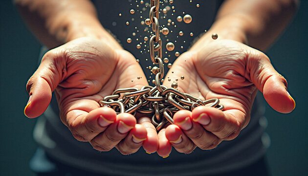 hands releasing metal chains and droplets, symbolizing liberation and breaking free from constraints, conceptual representation of freedom and empowerment