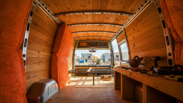 Interior of a cargo van being converted into a camper with cedar wood paneling. Tools and workbench sit inside the mobile home during a DIY renovation project. Van life and nomadic living concept.