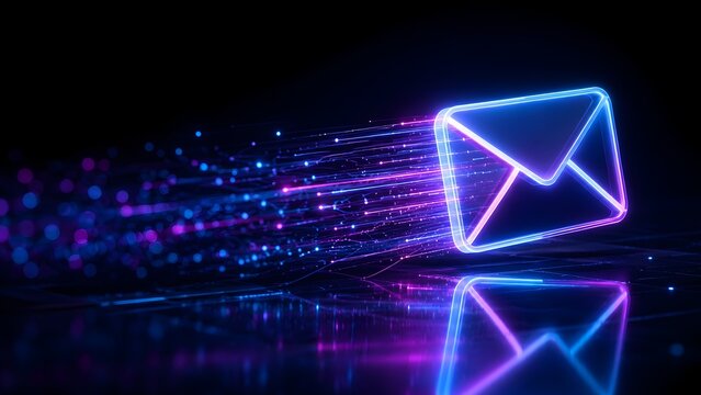 High speed digital email envelope icon with glowing neon purple and blue light trails representing fast data transmission