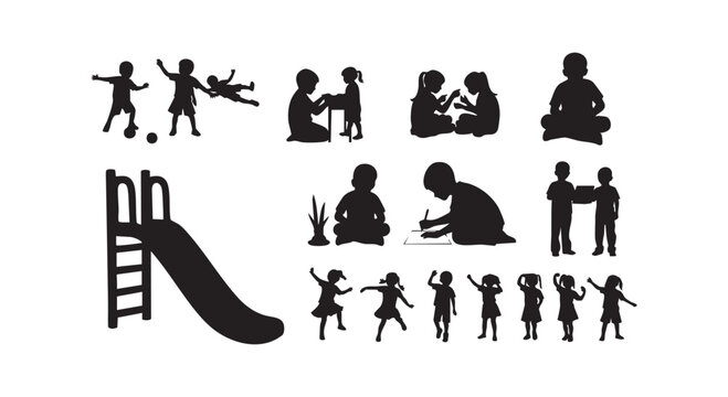 Silhouette collection of happy children playing and learning in classroom or outdoors depicting active childhood education.