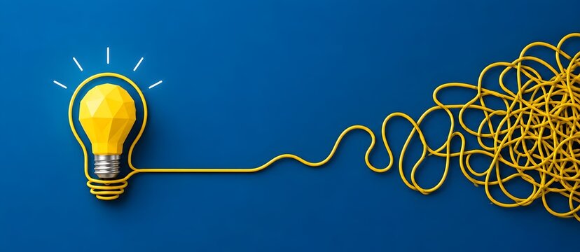 Geometric yellow lightbulb with a messy tangled wire on a blue background illustrating complex problem solving and clear thinking.