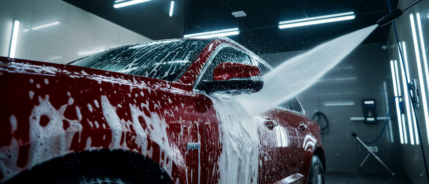 Red SUV being sprayed with high-pressure water at a professional car wash. Water droplets and soap foam splash across the vehicle in a modern detailing bay. Car maintenance and cleaning service.