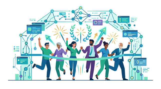 Diverse business team crossing finish line celebrating success vector illustration. EPS Editable. Vector Illustrations.