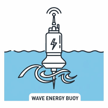 A wave energy buoy generates electricity underwater with a signal tower.