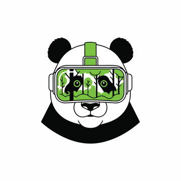 A panda wears virtual reality goggles with green graphics on its face.