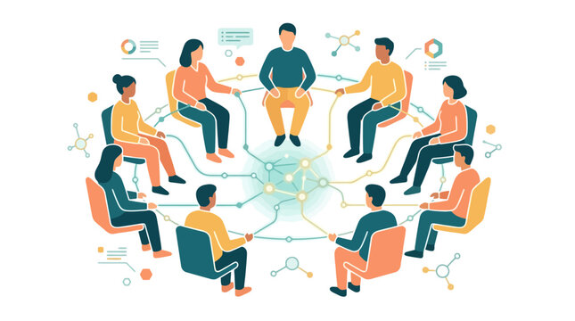 Diverse business team sitting in circle connecting and collaborating on project. EPS Editable. Vector Illustrations.