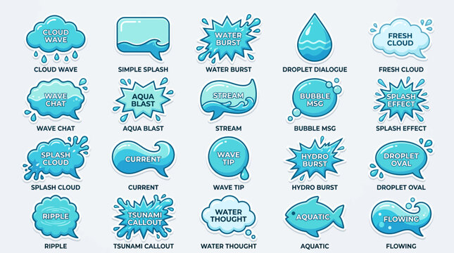 Collection of blue water splash speech bubbles and icons.