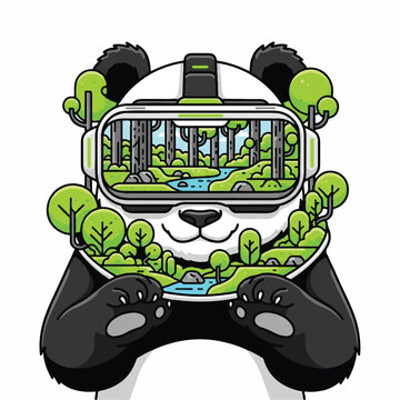 Panda wears VR headset viewing serene forest landscape with trees and stream.