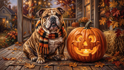 Obraz premium Cute Bulldog Wear Scarf Sit Next to Jack-o'-Lantern Porch Autumn Decor