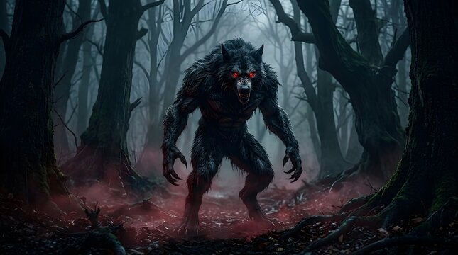 Fearsome werewolf standing in a dark, misty forest at night with glowing red eyes