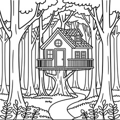 Naklejka premium Whimsical treehouse nestled amongst lush forest trees with a winding path leading to adventure.