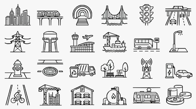 Modern Black and White Line Icons Set Featuring Urban Infrastructure Transportation and City Life Elements