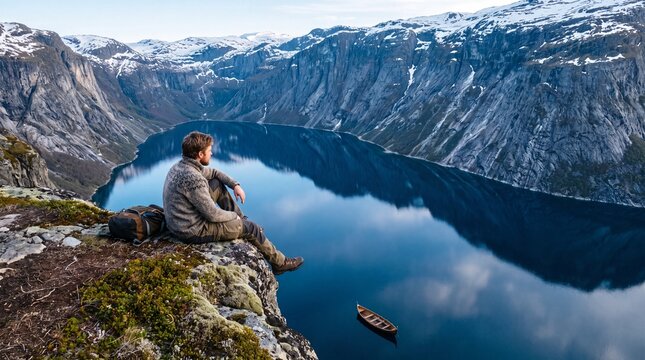 Adventurous man sitting on cliff edge overlooking breathtaking mountain fjord landscape