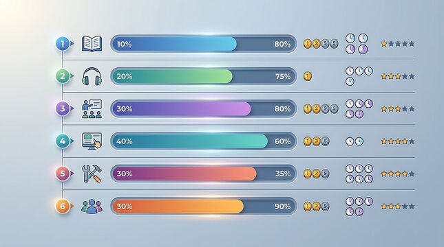 Modern business dashboard with colorful progress bars and icons