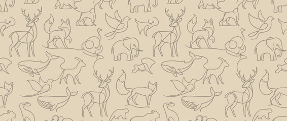 Seamless pattern of minimalist continuous line art wild animals © aero