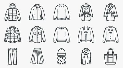 Corporate Winter and Business Casual Wardrobe Icons Monochrome Line Drawing Set of Outerwear Shirts Pants Accessories © udin