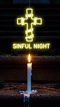 Neon Cross with Barbed Wire and Burning Candle for Spooky Christmas Creepy Background Overlay
