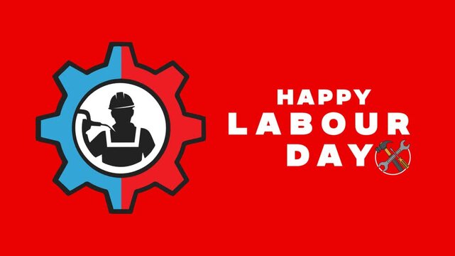 Happy Labour Day Animation with Worker Icon Inside Gear on Red Background