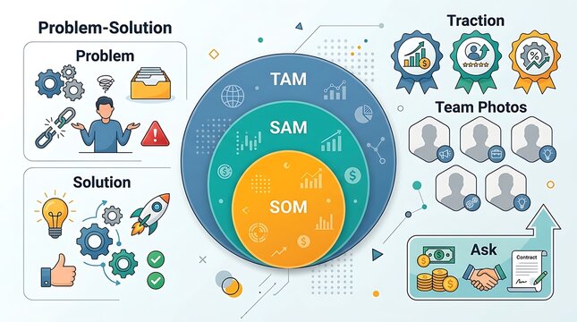 Business pitch deck infographic with market sizing and startup icons