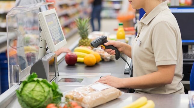 Grocery store cashier scanning produce at checkout counter with scanner.