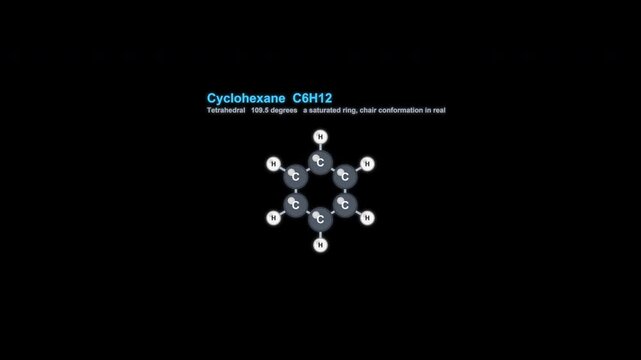 Cyclohexane C6H12 Ball And Stick Model Animation Labeled Alpha Channel 4K
