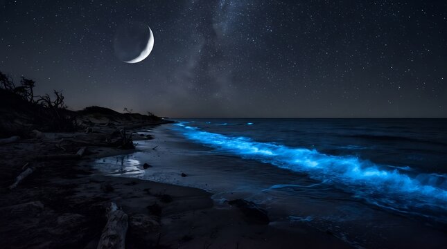 Dark moody beach at night with bioluminescent glowing waves under the moon