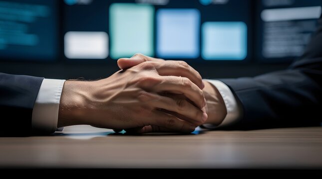 Business partners shake hands over a wooden table to finalize an important contract agreement, emphasizing corporate cooperation and professional trust in a modern high-stakes office environment.