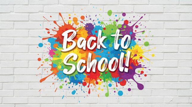 Back to school text sign with colorful paint splatter design on white brick wall background, colorful