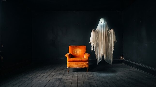 Haunted room interior featuring a vintage orange chair and a faint ghostly apparition