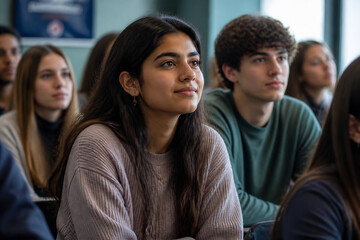 Fototapeta premium Young students are seated and looking forward in a classroom setting.