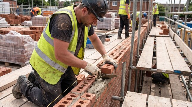 Construction worker laying bricks on a new building site.