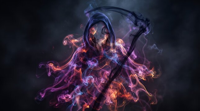 Eerie smoke forming the dark shape of a grim reaper in the shadows