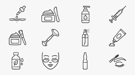 Fototapeta premium Creative Black and White Line Art Set of Nine Skincare and Beauty Treatment Icons Featuring Droppers Serums Masks and Tools