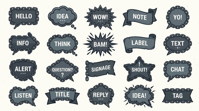 Collection of speech bubbles and banners with various words and messages.