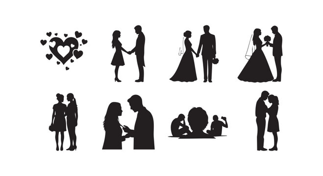 Wedding couple silhouettes collection set of romantic bride and groom figures in black flat vector illustration designs.
