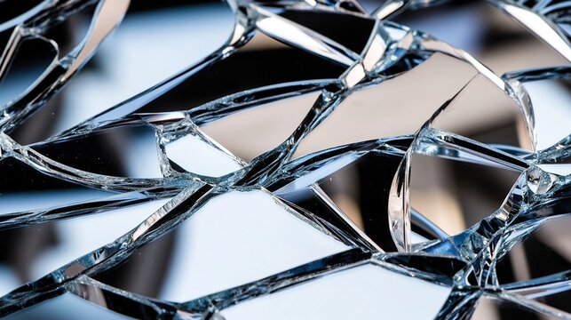 shards. Broken mirror shards reflecting distorted faces, sharp edges and cold metallic tones. wellbeing guides, coaching materials, designed for coaching and self-improvement content.
