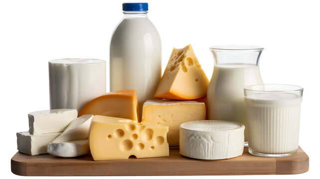 Fresh dairy products including various cheeses and milk on wooden board with displays assortment fresh milk cheese mozzarella delicious nutrition